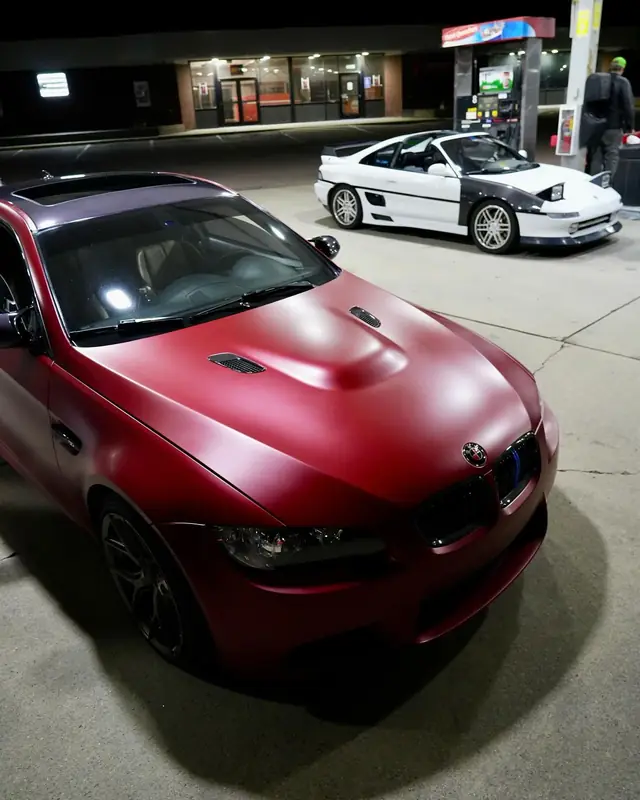 BMW M3, satin red, after dark: car photography by Izayuh Visuals in Sioux Falls, SD